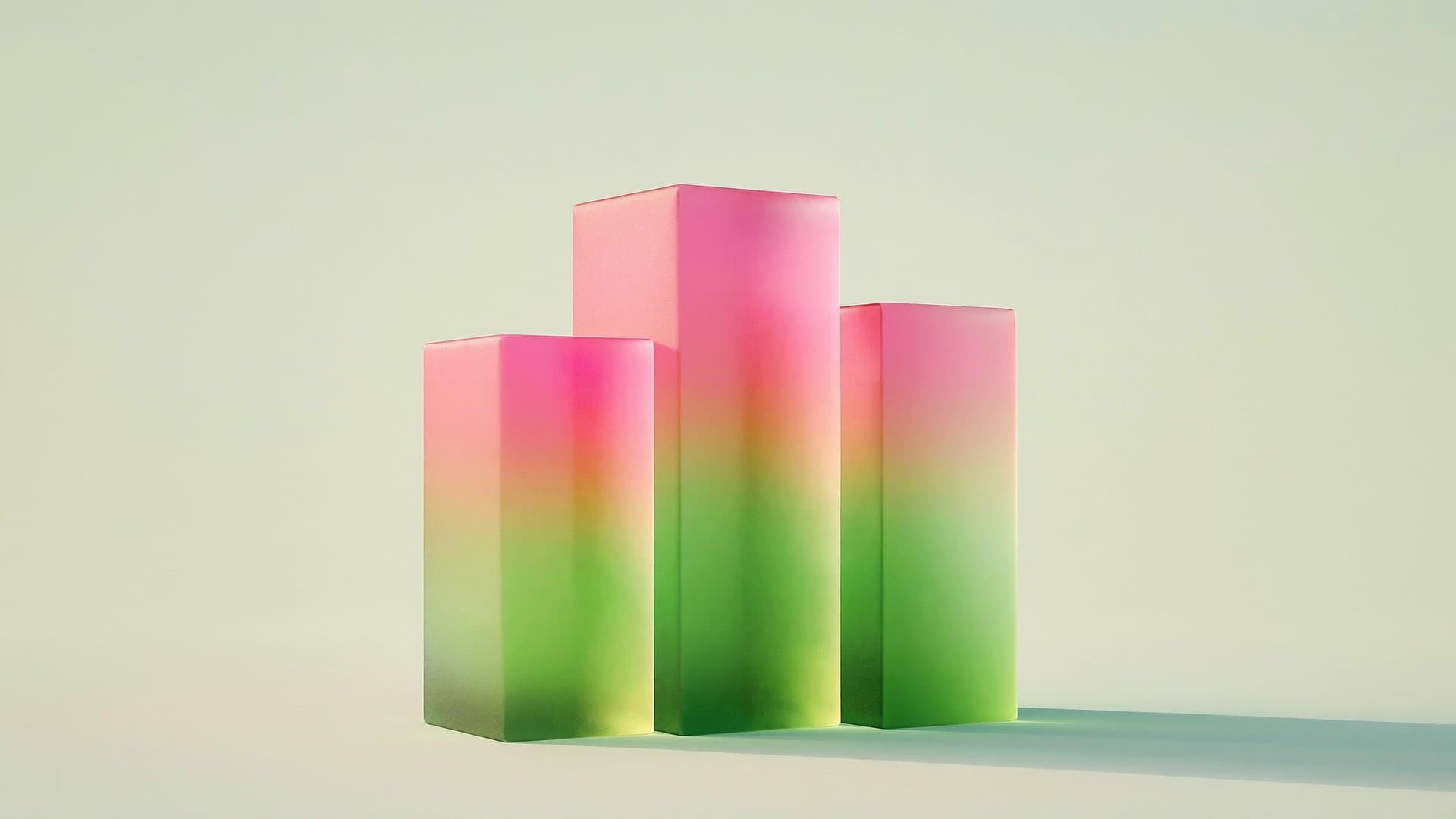 Three ascending frosted-glass podium columns, the tallest glowing magenta pink into emerald green on a pale mint-cream field — ranked business funding companies by lane
