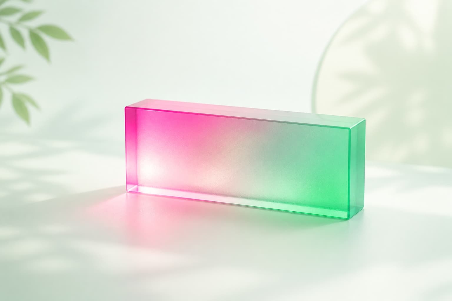 Solid frosted-glass funding block with magenta-pink and emerald glow on mint-cream — small-ticket fast business funding focus
