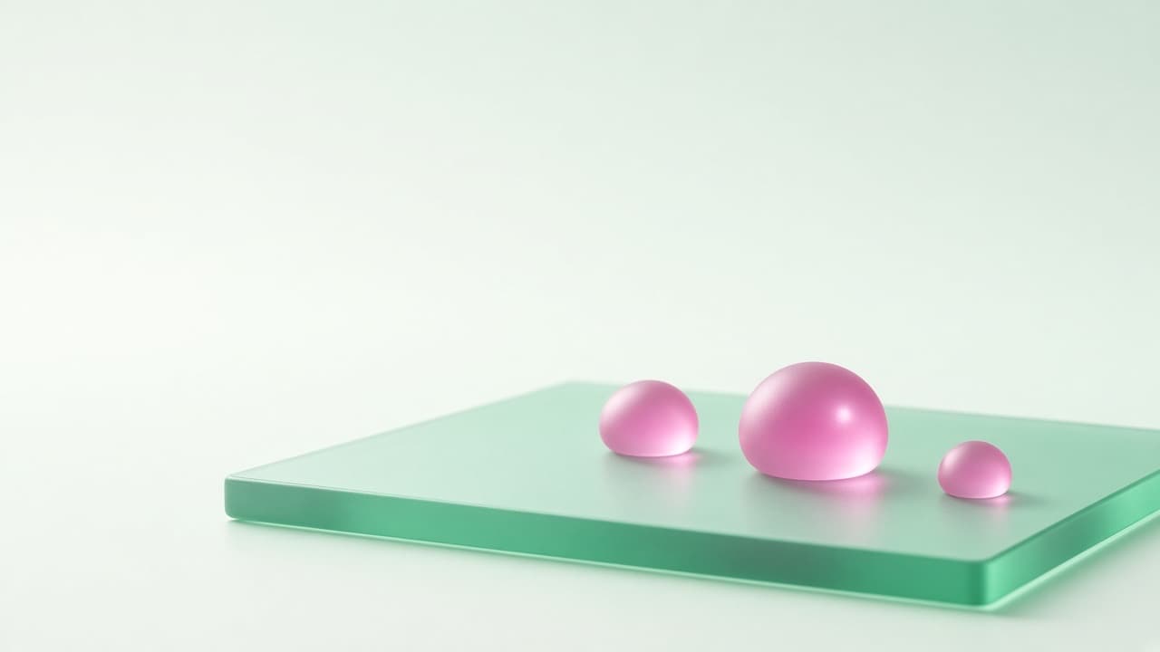 frosted glass isolated magenta droplets on mint-cream / emerald plane, no text