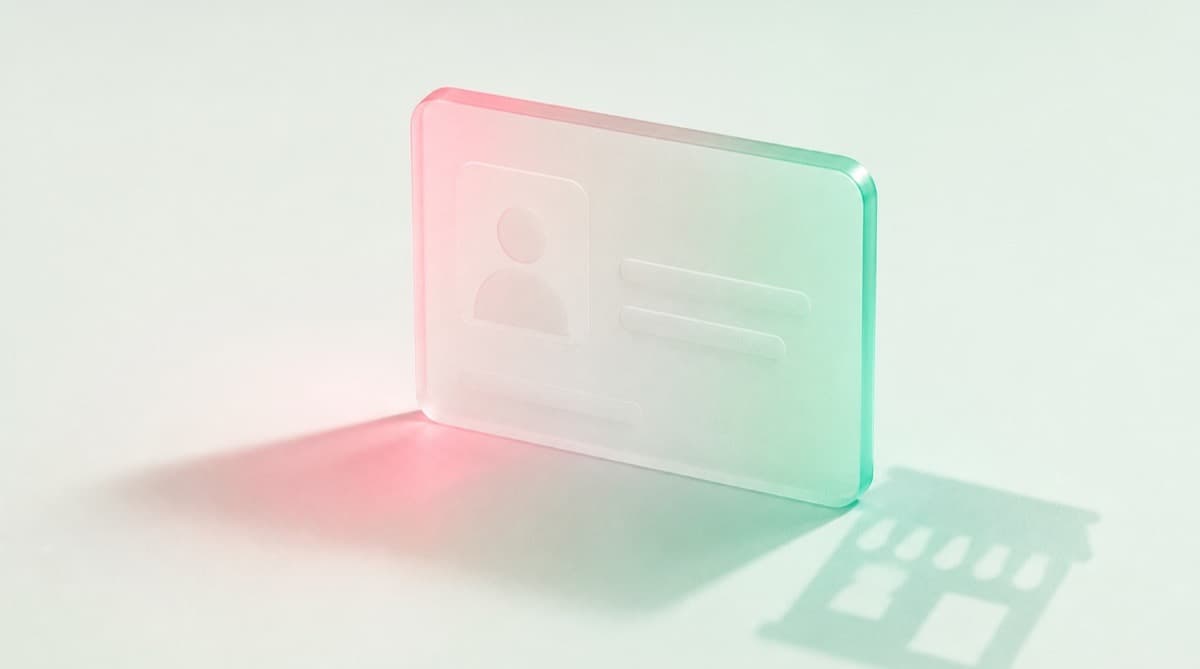 A single glowing identification card casting two shadows on a dark surface, one shaped like a storefront, representing business identity separate from personal identity