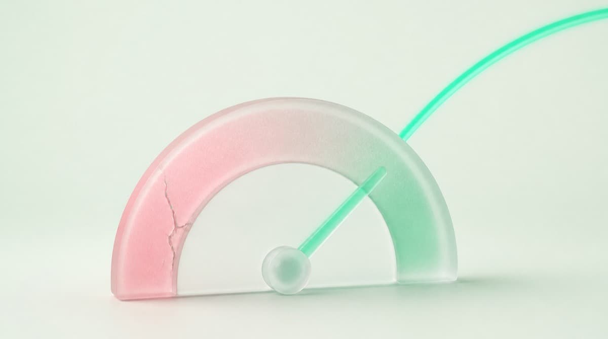 A cracked credit score gauge on a dark dashboard with a bright green cash-flow line rising past it, representing cash flow outweighing credit score