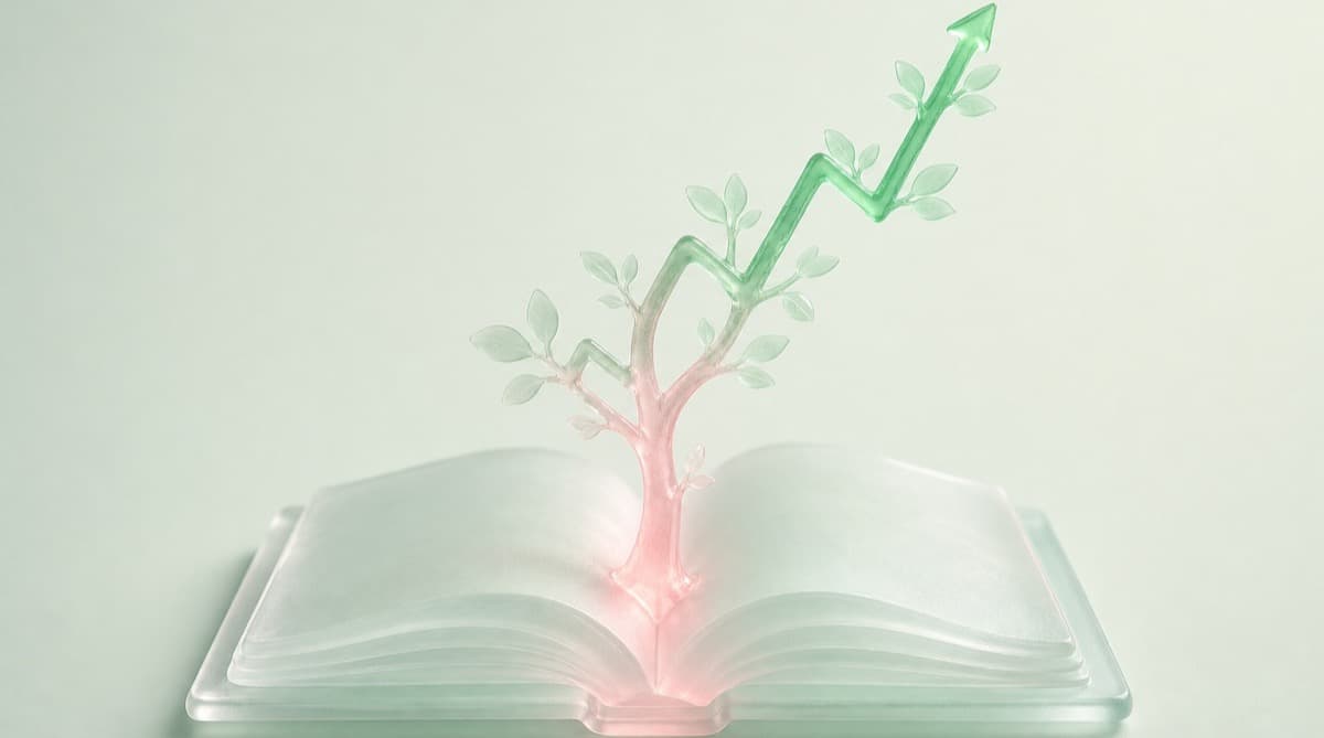 A young tree growing out of a dark ledger book with its branches forming an upward graph lit pink to green, representing a new company building fundability