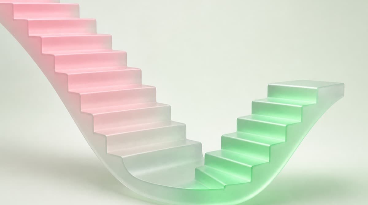 A steep descending staircase in darkness with a lit handrail curving back upward in green, representing recovery paths from missed payments