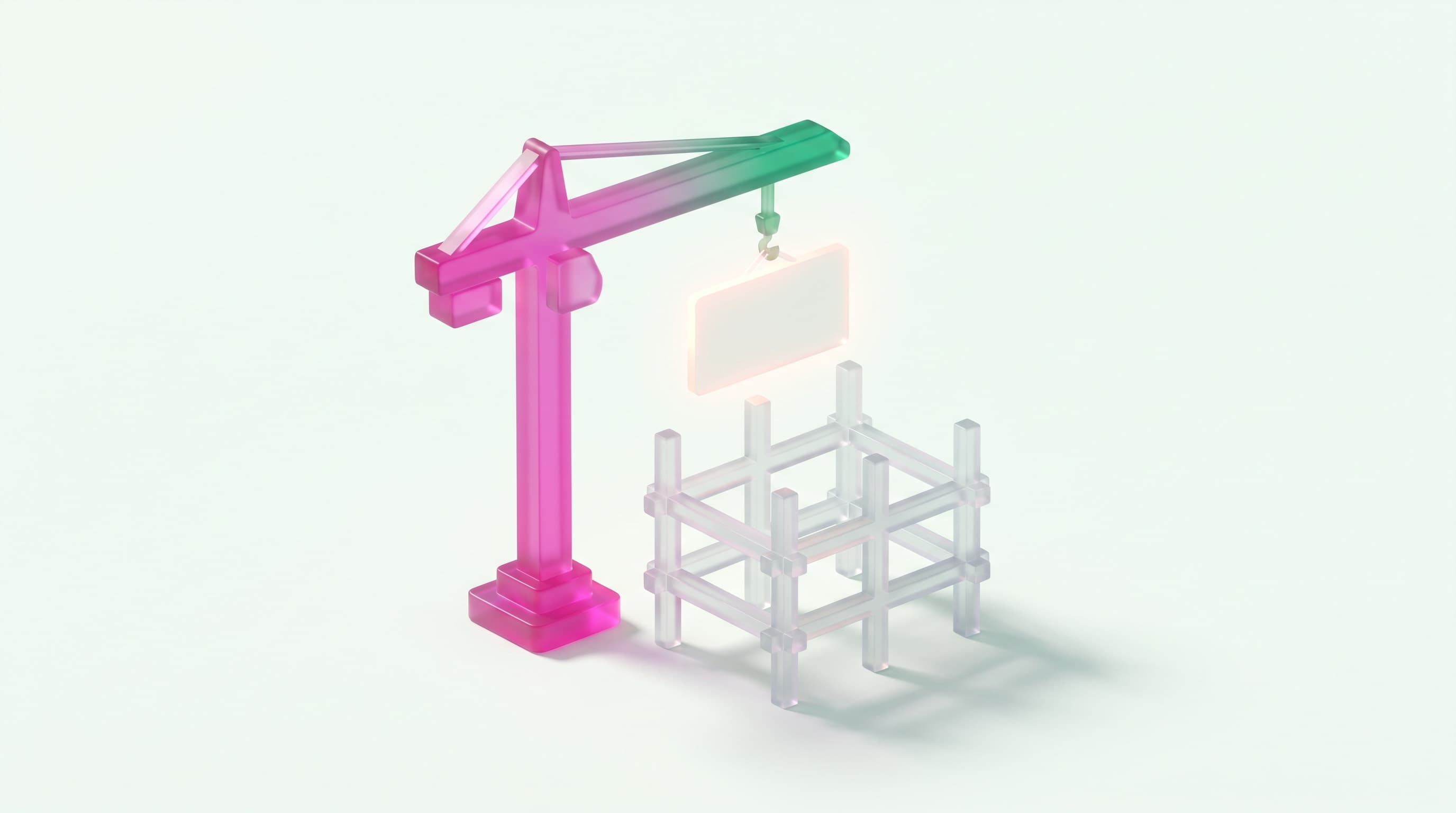 A frosted-glass tower crane glowing magenta into emerald, lifting a lit card above an unfinished glass building frame on a mint-cream field — construction funding, raised into place