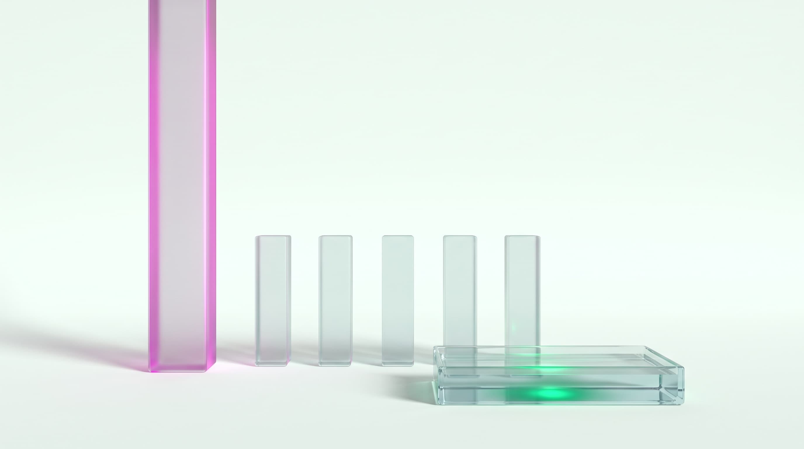 A solid frosted-glass column in magenta beside a row of equal translucent columns on mint cream — credit score staying flat while cash cover is the real signal