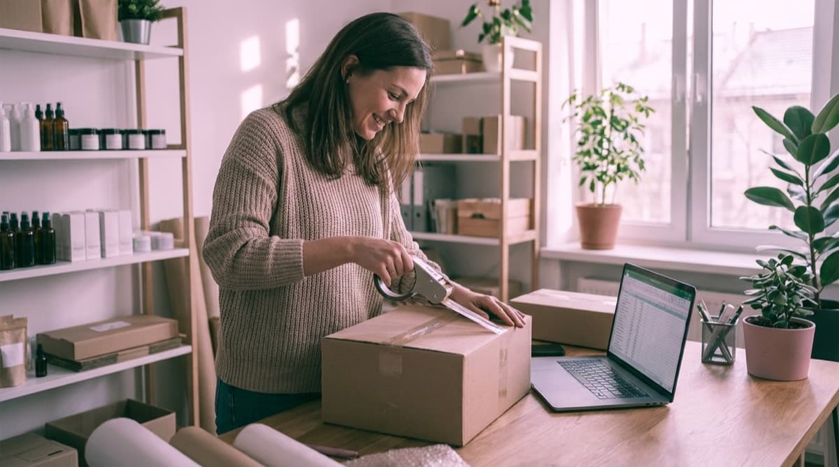 A laptop with an e-commerce dashboard and shipping boxes