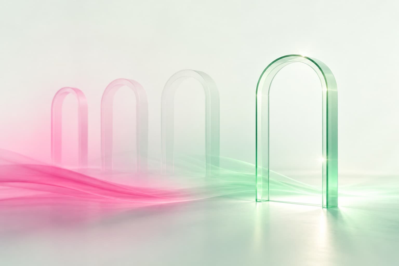 Row of translucent frosted-glass archways fading into mist with one clear glass archway glowing forward — many marketplace doors versus one direct path