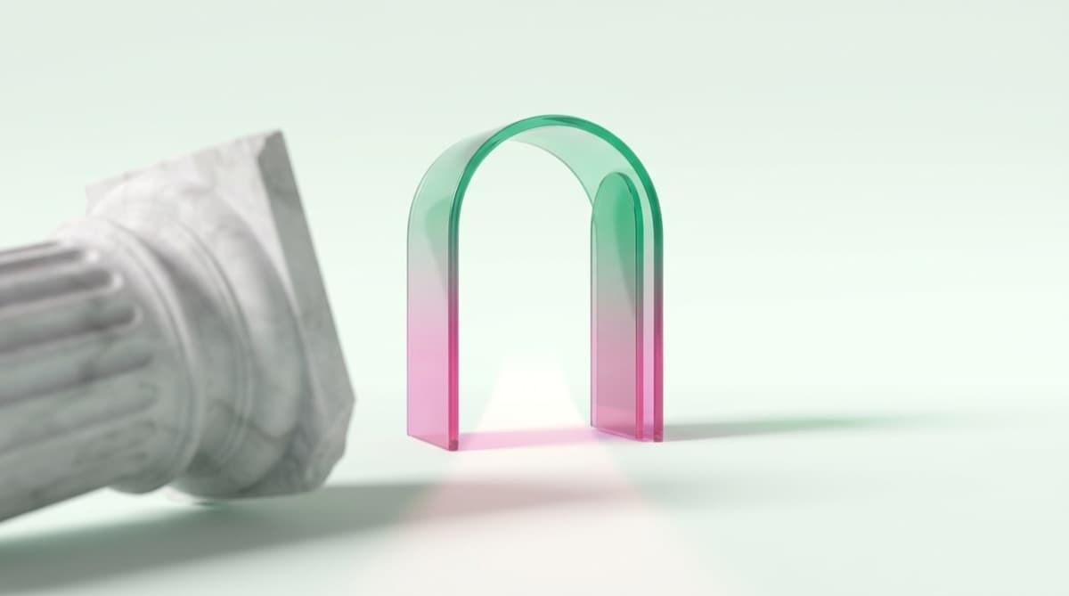 Glowing gradient glass archway standing open beside a toppled marble bank column
