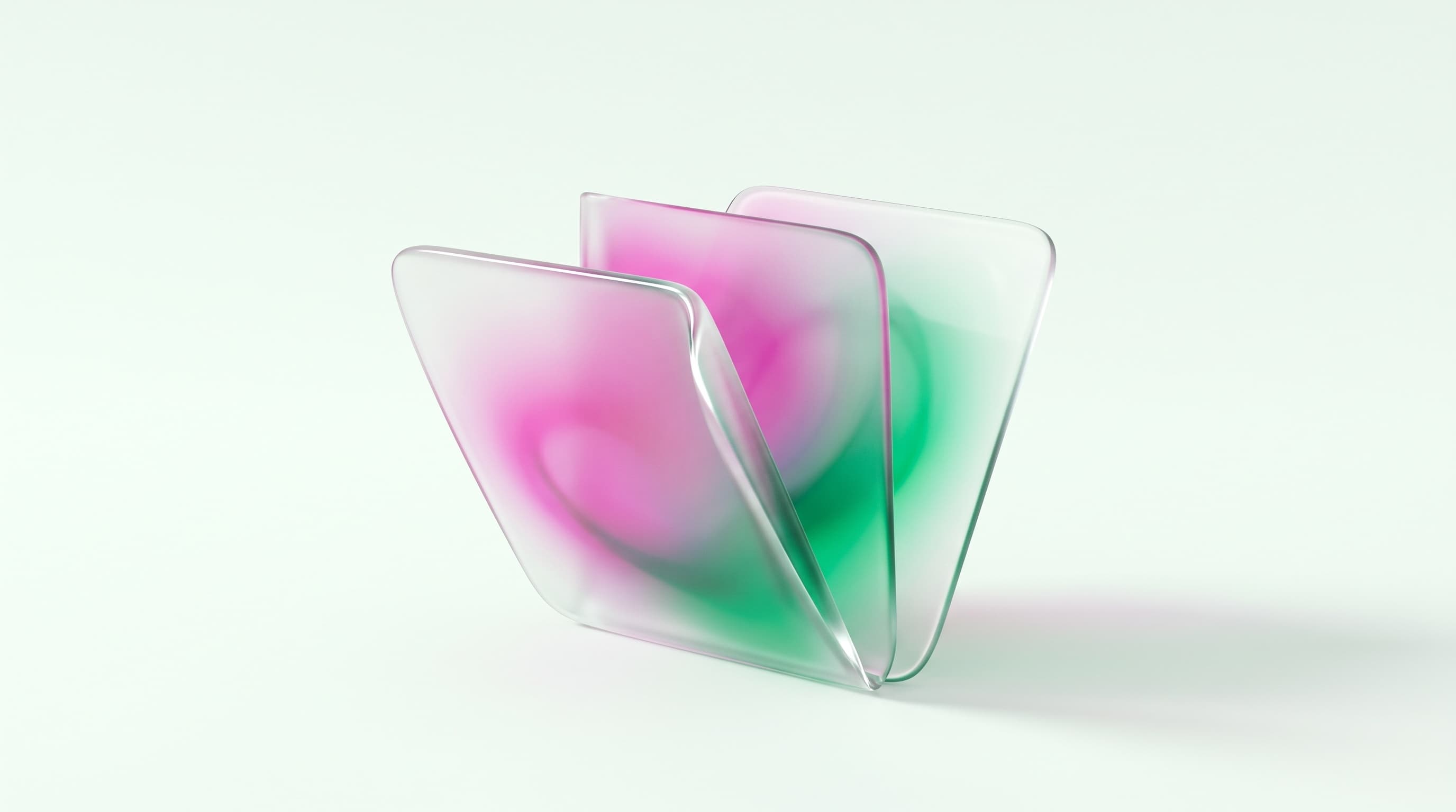frosted-glass bank-statement folio catching magenta-to-emerald light on mint-cream, no text