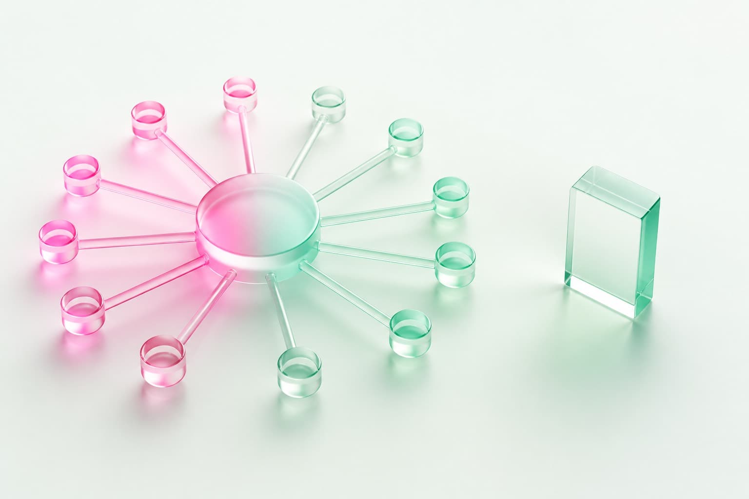 Frosted-glass hub with translucent spokes radiating to small glass nodes beside one solid glass block — a lending marketplace network versus a single direct funder