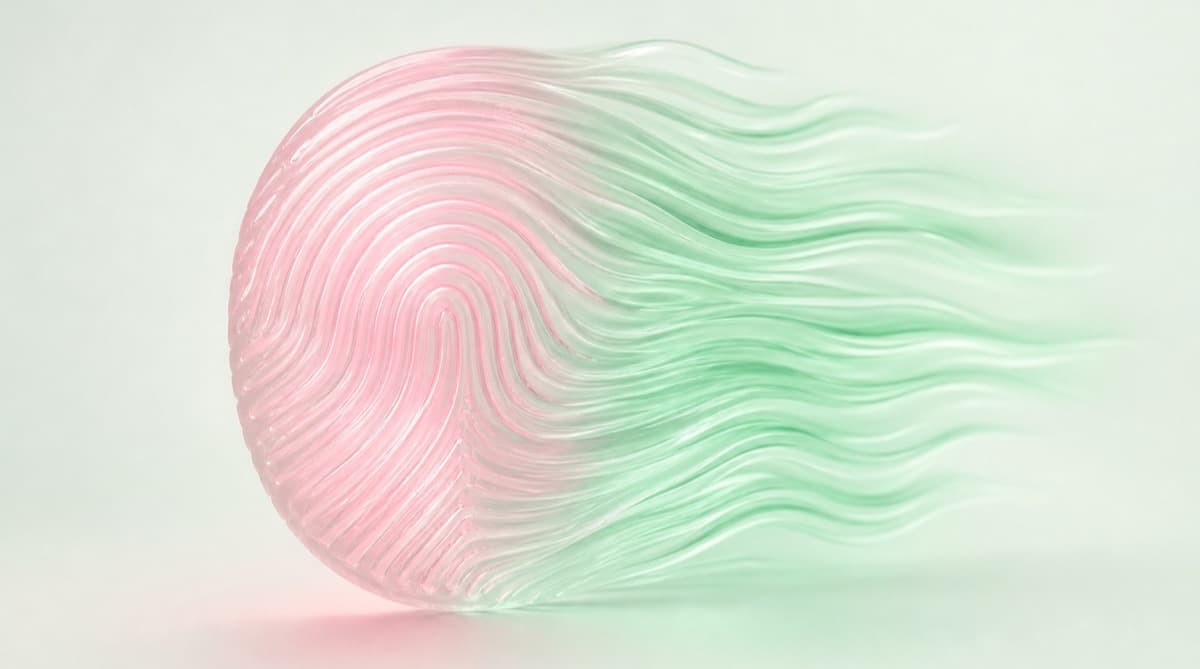 A fingerprint dissolving into flowing ledger lines lit green on a dark background, representing funding decisions made from bank data instead of credit files
