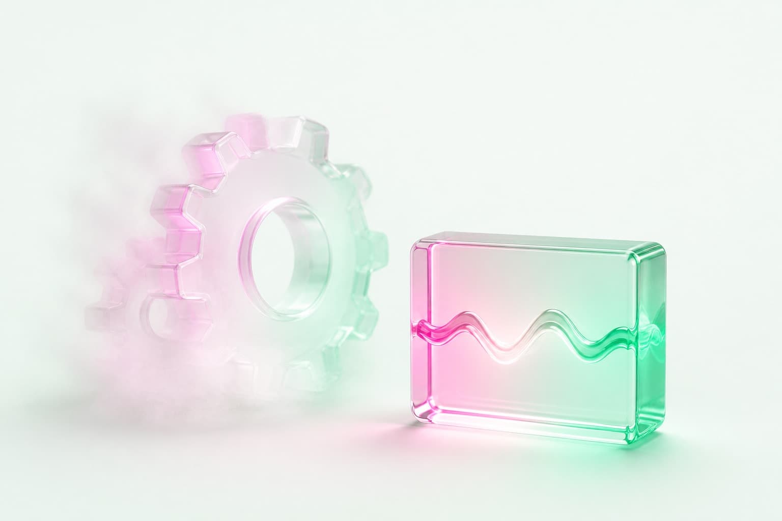 Frosted-glass gear fading into mist beside one solid glass funding block — equipment finance versus weekly working capital
