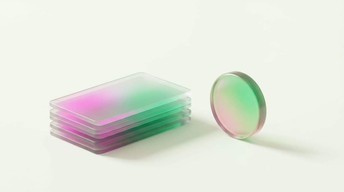 Stack of frosted-glass banking cards beside a single upright glass coin