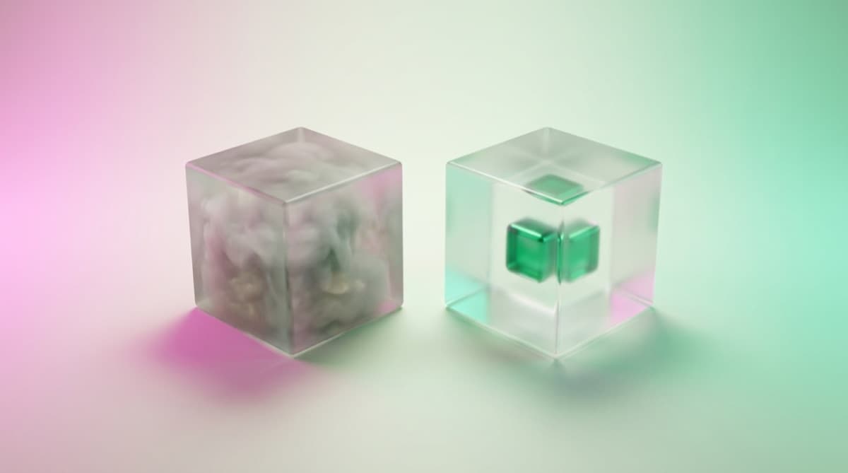 Foggy glass cube beside a perfectly clear cube — hidden fog versus transparent pricing