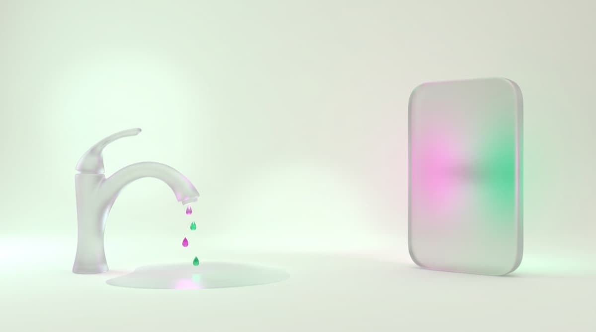 Frosted-glass faucet dripping small droplets beside one solid glass block — credit-line draws versus one clean advance