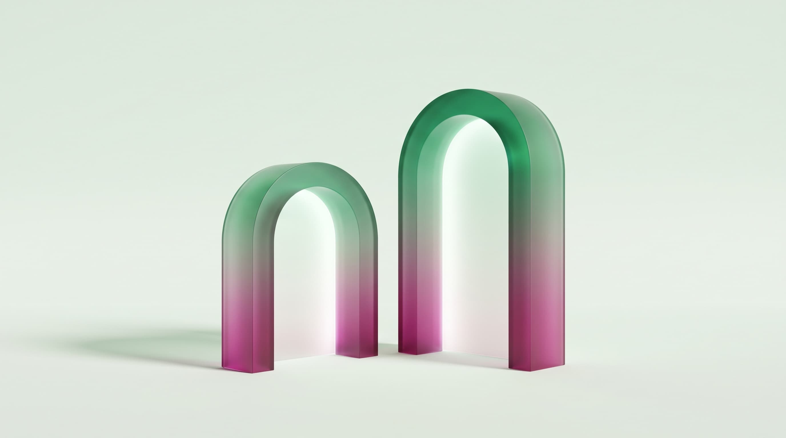 Two frosted-glass archways side by side on a mint-cream field, a smaller arch and a taller arch, each glowing magenta into emerald: two doors to business funding