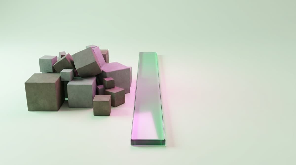 One clear glowing funding lane running past a cluttered pile of product blocks