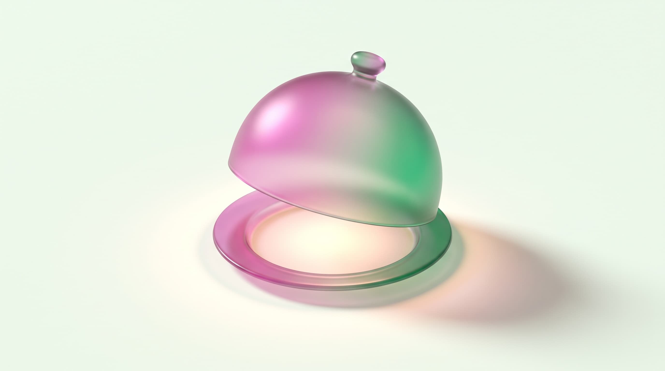 A frosted-glass serving cloche glowing magenta into emerald, its lid lifted off the plate on a mint-cream field — restaurant funding, served