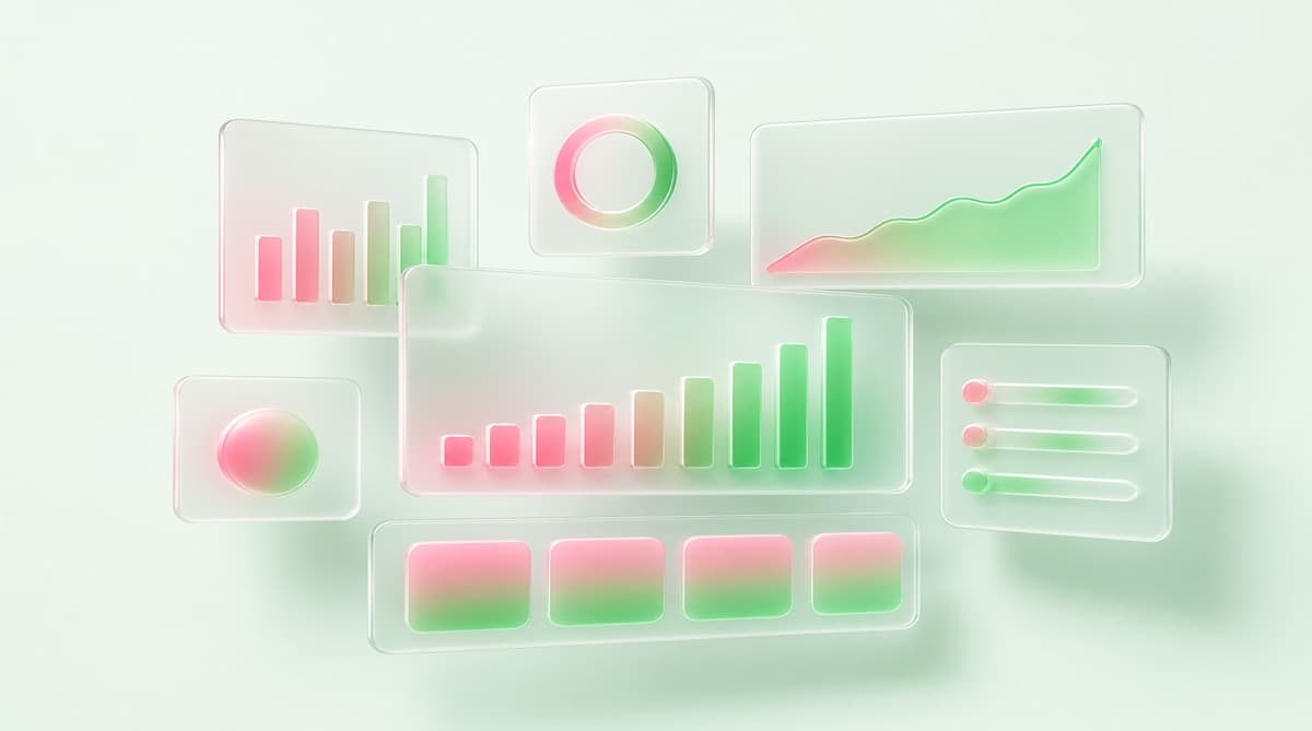 A wall of glowing statistical charts, gauges, and counters in pink and green on a dark analytics dashboard, representing small business funding data