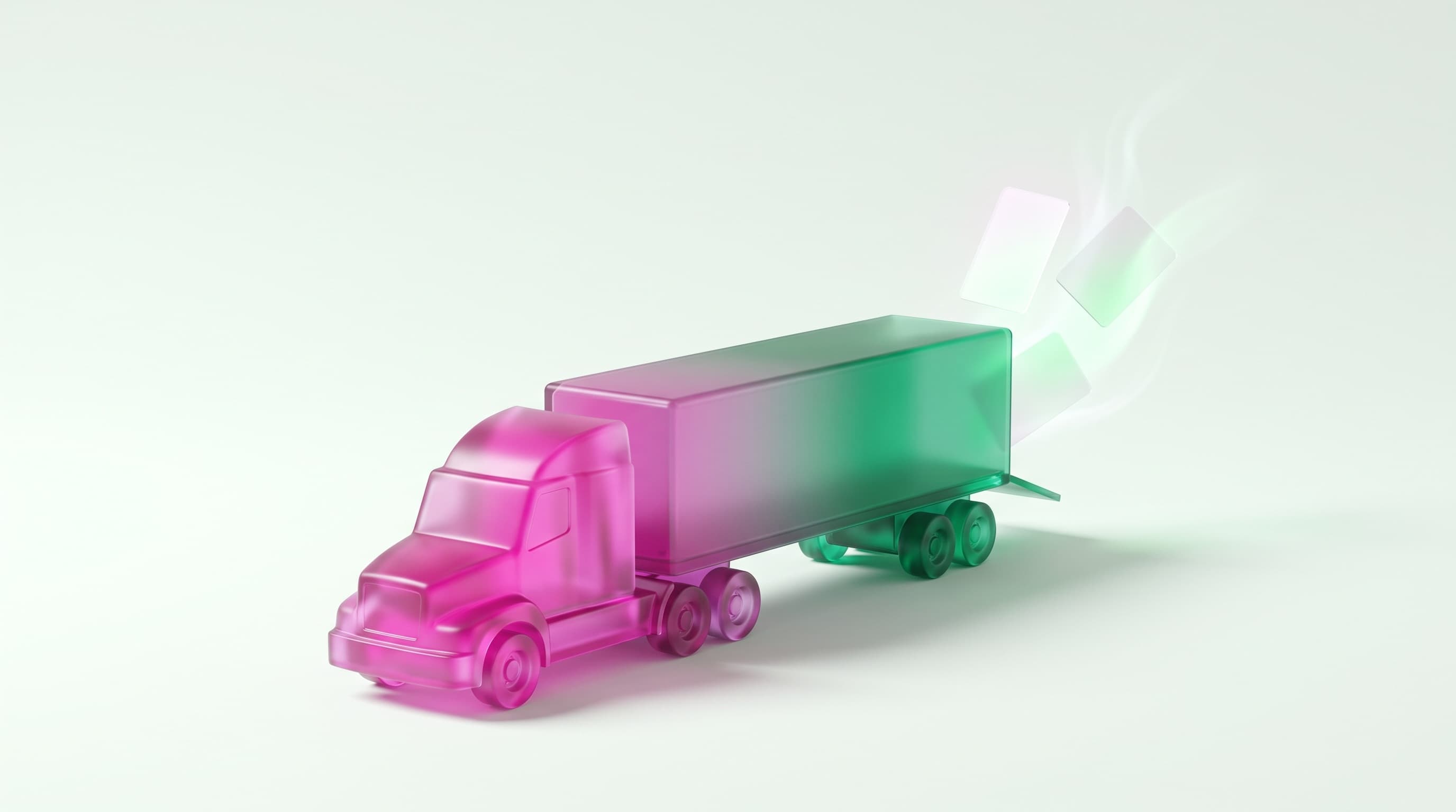 A frosted-glass semi truck glowing magenta into emerald on a mint-cream field, with blank translucent cards lifting off the trailer — freight invoices turning into cash