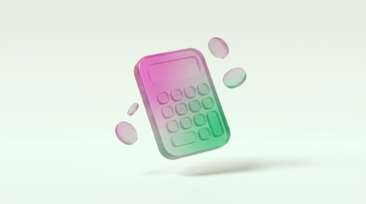 Pink-to-green gradient glass calculator floating with blank glass coins