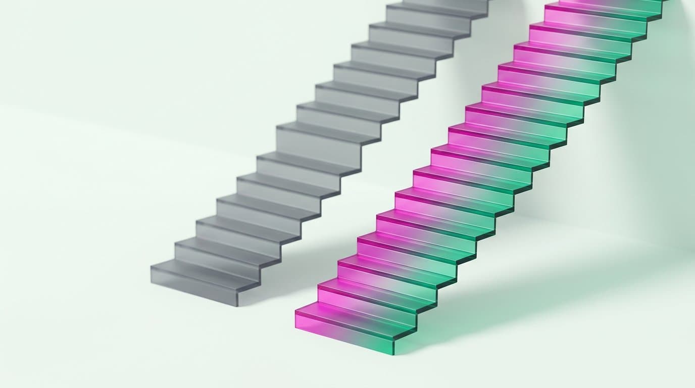 Two ascending staircases side by side, one blurred and one lit in pink-to-green, representing relationship pricing that improves as you build history