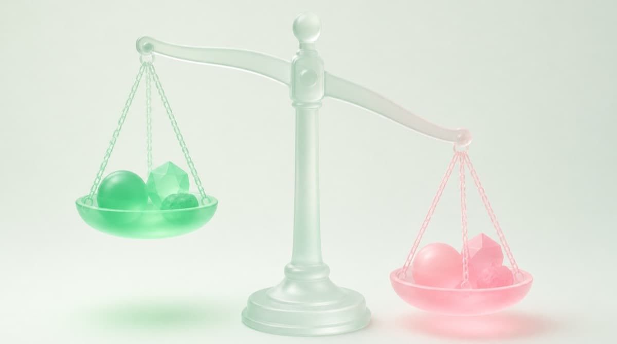 A balance scale made of glowing ledger lines, assets side lit green and liabilities side lit pink, representing the working capital equation