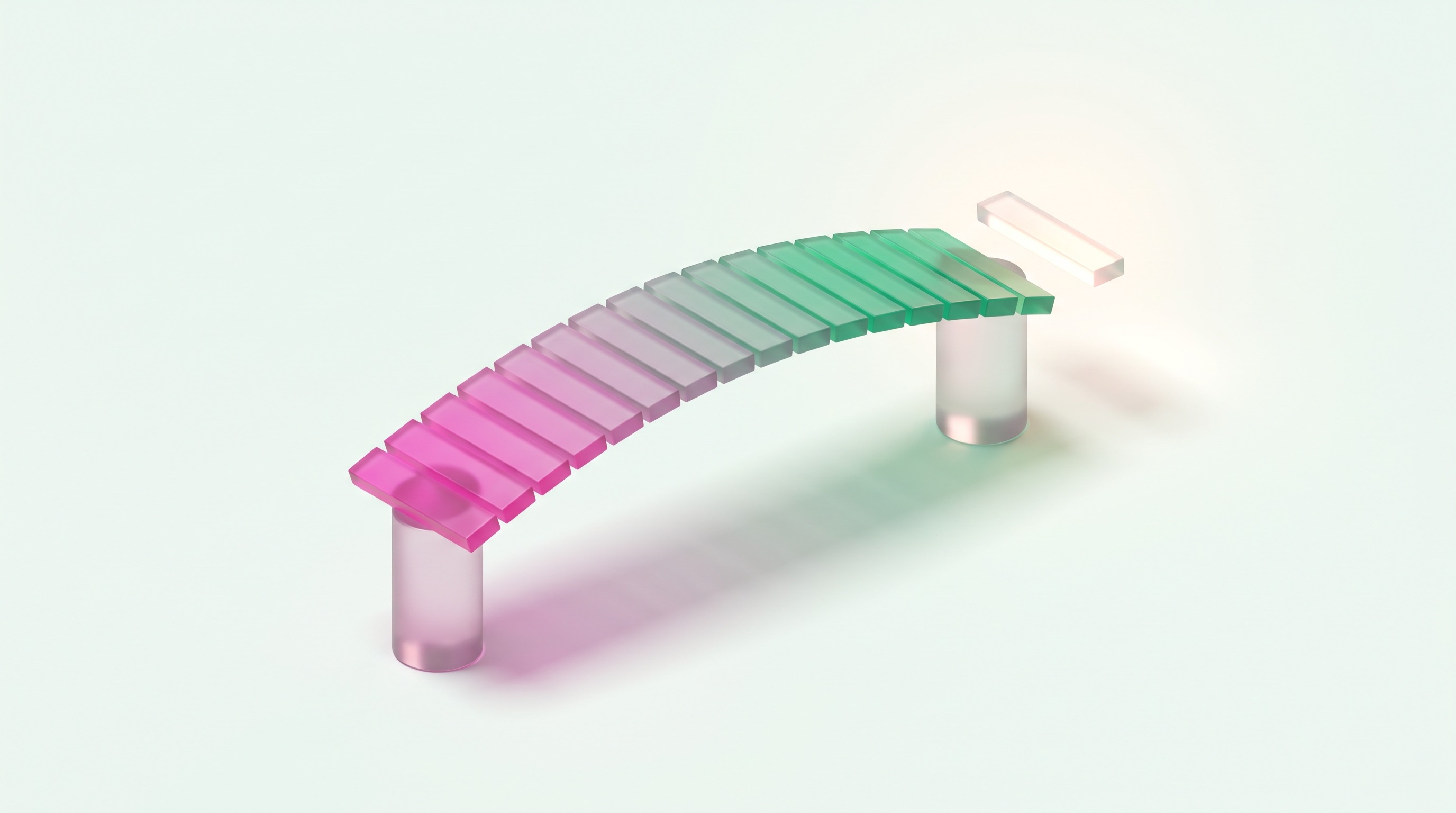 A frosted-glass bridge of translucent planks with the final plank held apart and glowing — the gap between doing the work and getting paid