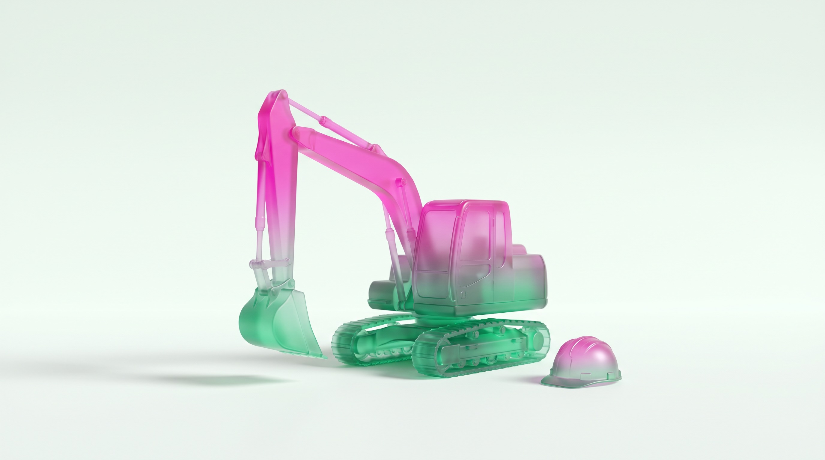 A frosted-glass compact excavator beside a small glass hard hat — construction equipment financing