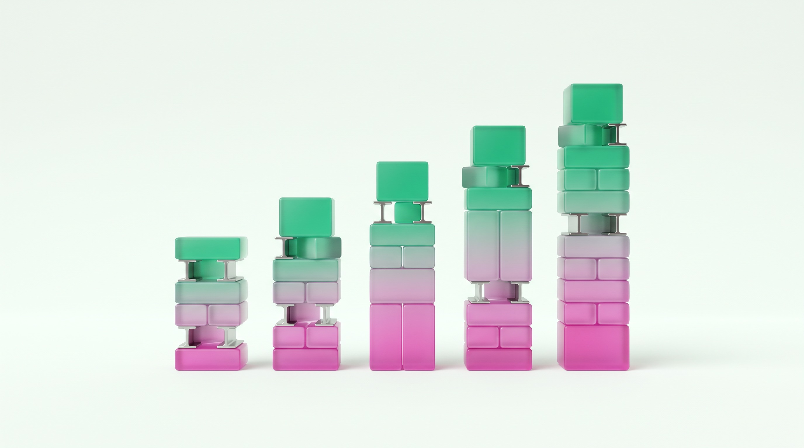 Frosted-glass bricks, beams, and blocks stacked into rising towers — construction financing options from small to large