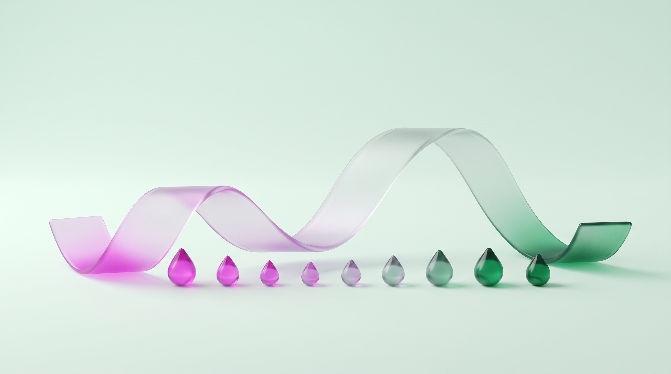 A frosted-glass ribbon rising and falling with small droplets beneath it: weekly payments that follow the business