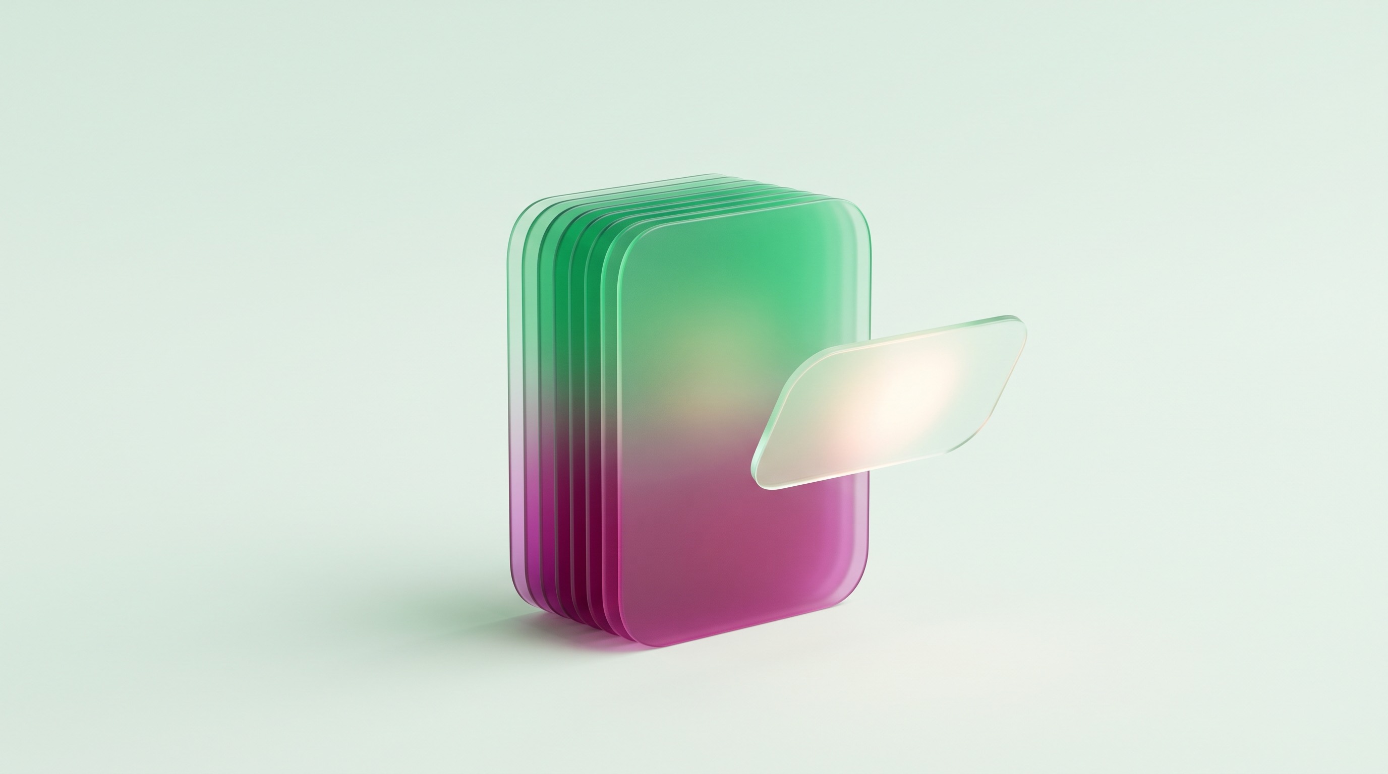 A frosted-glass stack of cards with one thin slice set apart: the fee that comes out before the money lands